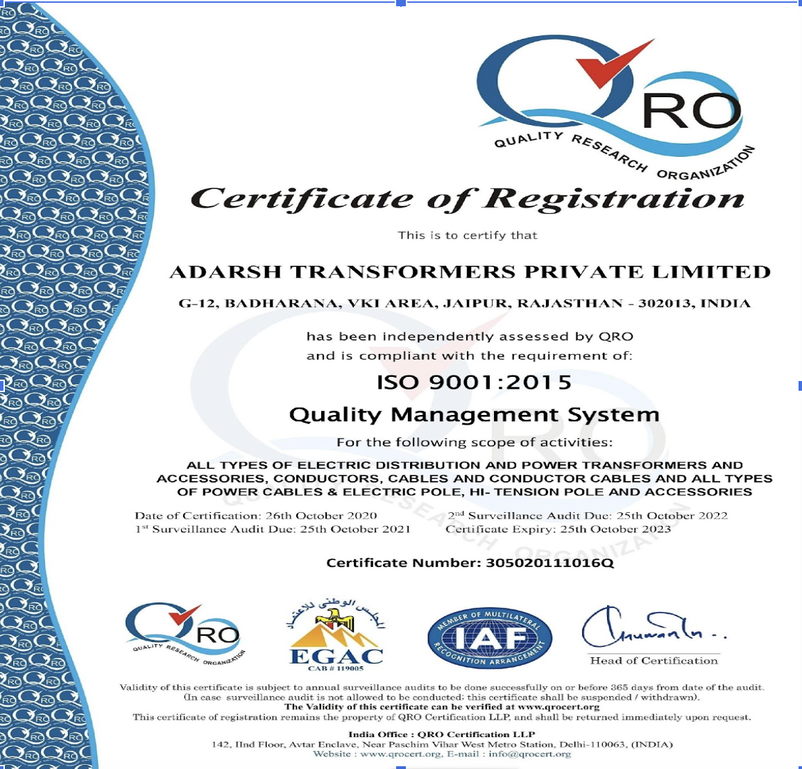 ISO 9001:2015 Certificate of Registration - Adarsh Transformers Private Limited